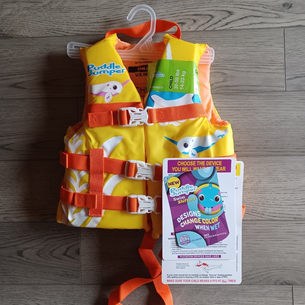 Stearns Child Life Jacket 30-50lbs Ylw & Orange NWT Puddle Jumper Swim Shifter